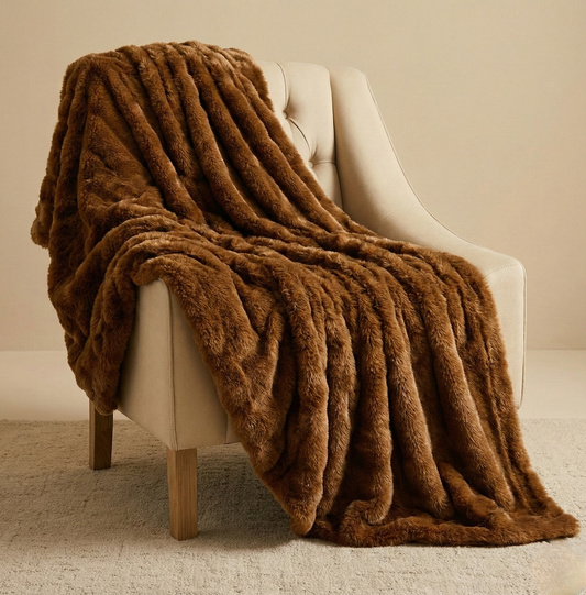 Luna's blankets maplewood colorway blanket draped over a chair. Maplewood brown blanket, soft and luxurious faux-fur throw blanket